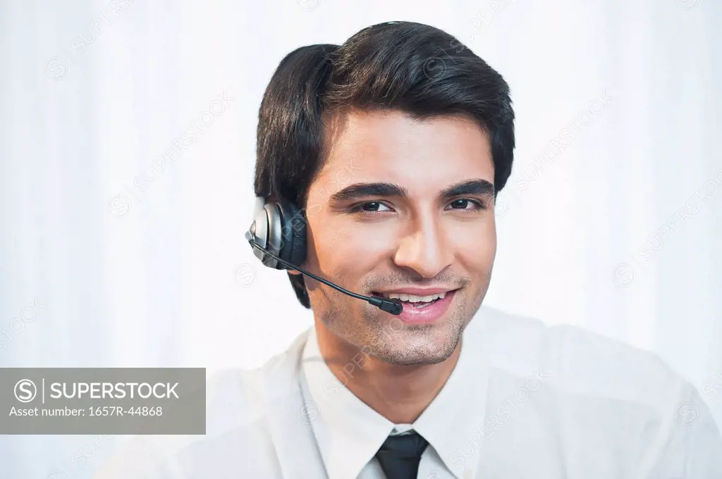 Customer service representative wearing a headset