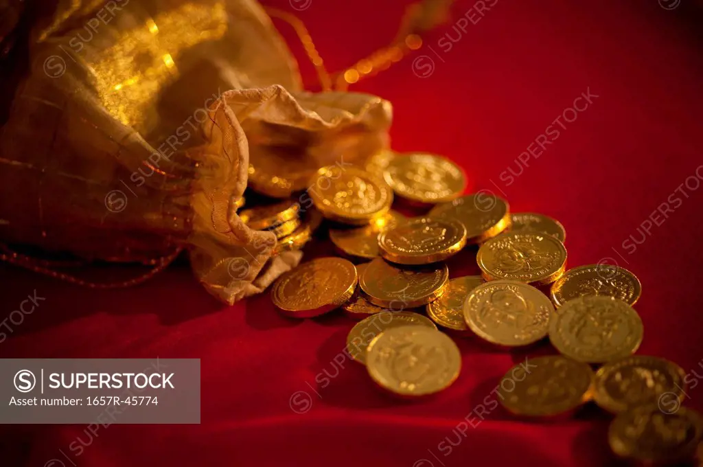 Sack of golden coins during Diwali festival