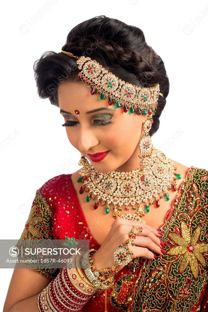 Close-up of an Indian bride in traditional wedding dress
