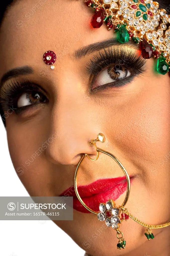 Close-up of an Indian bride in wearing nose ring