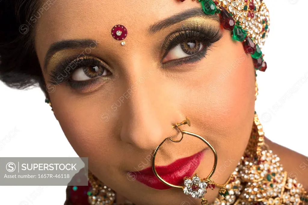 Close-up of an Indian bride in wearing nose ring