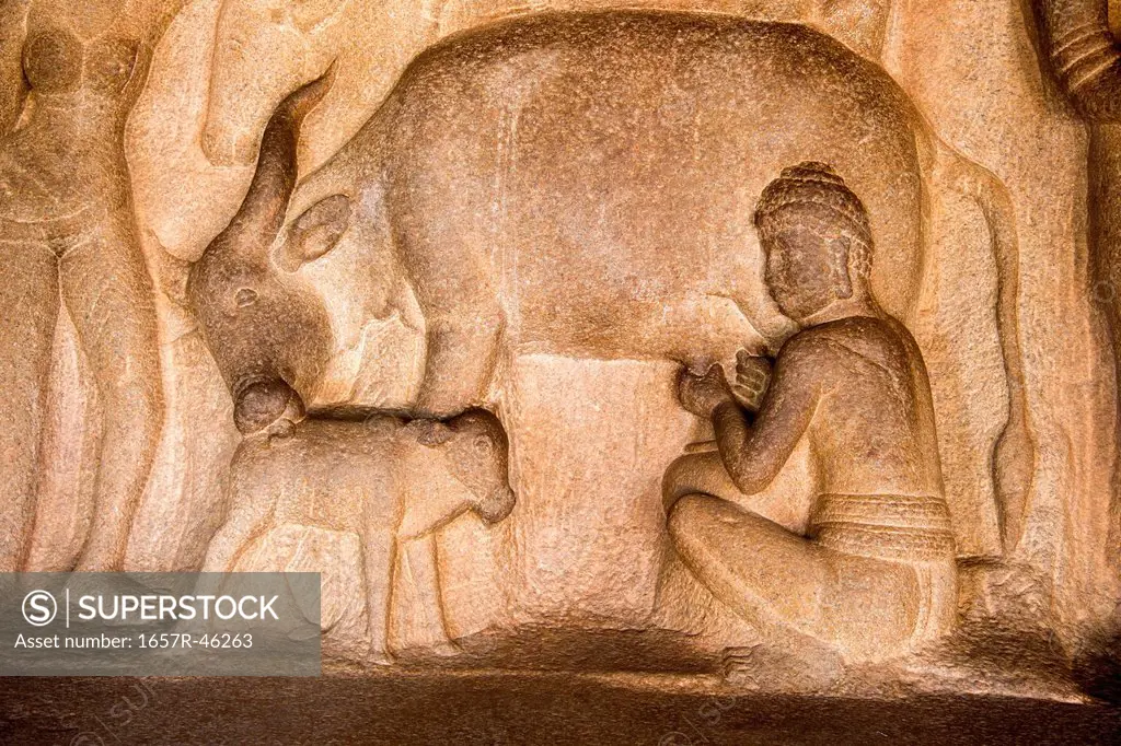 Detail of carving in Krishna Mandapa rock cut temple, Mahabalipuram, Kanchipuram District, Tamil Nadu, India