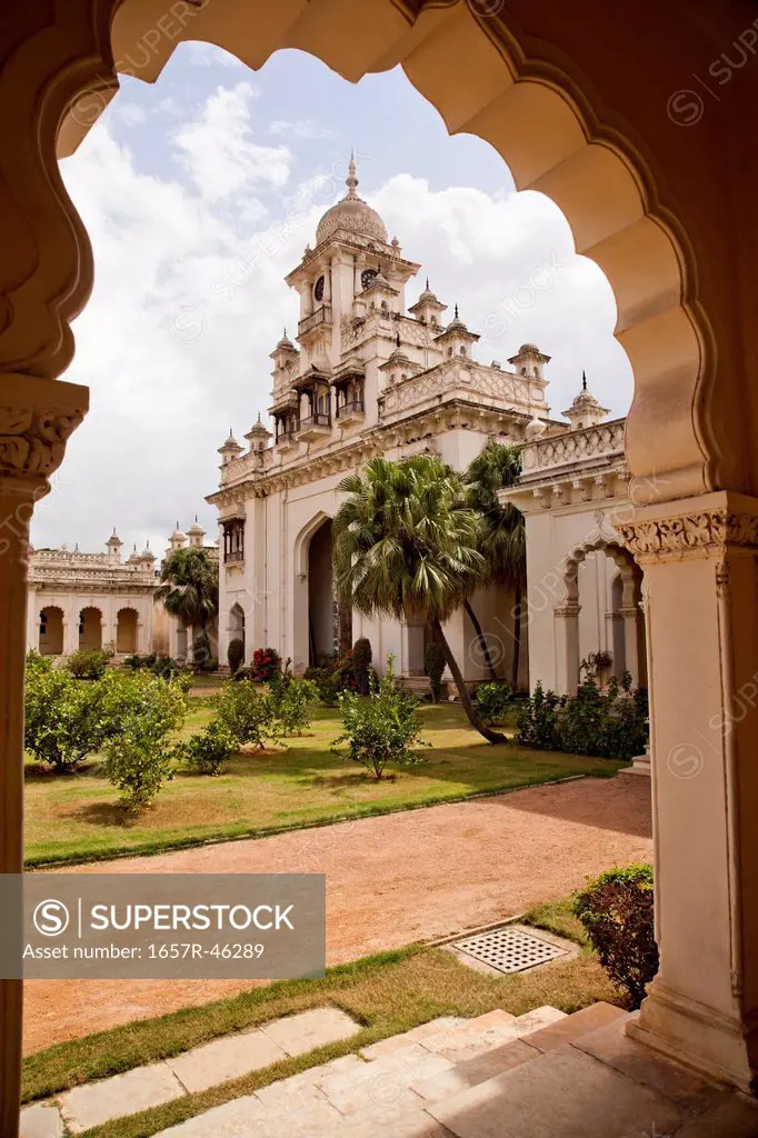 Facade view of a Palace through arch, Chowmahalla Palace, Hyderabad, Andhra Pradesh, India