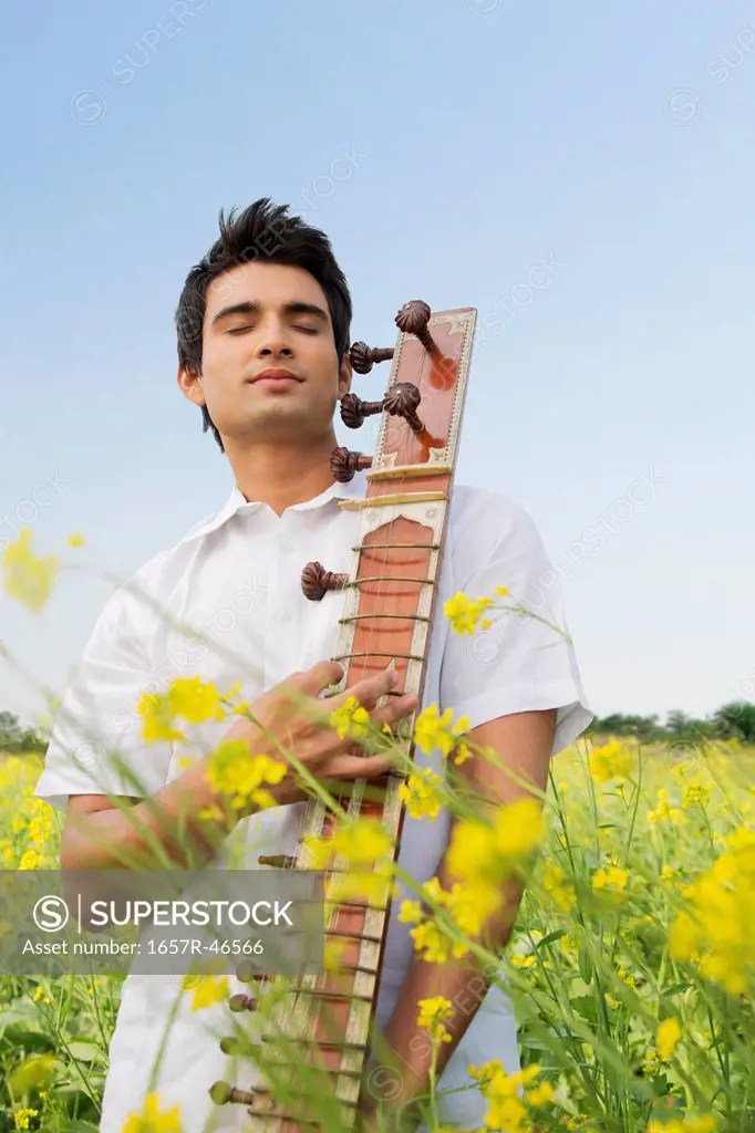 Man playing a sitar in a mustard field