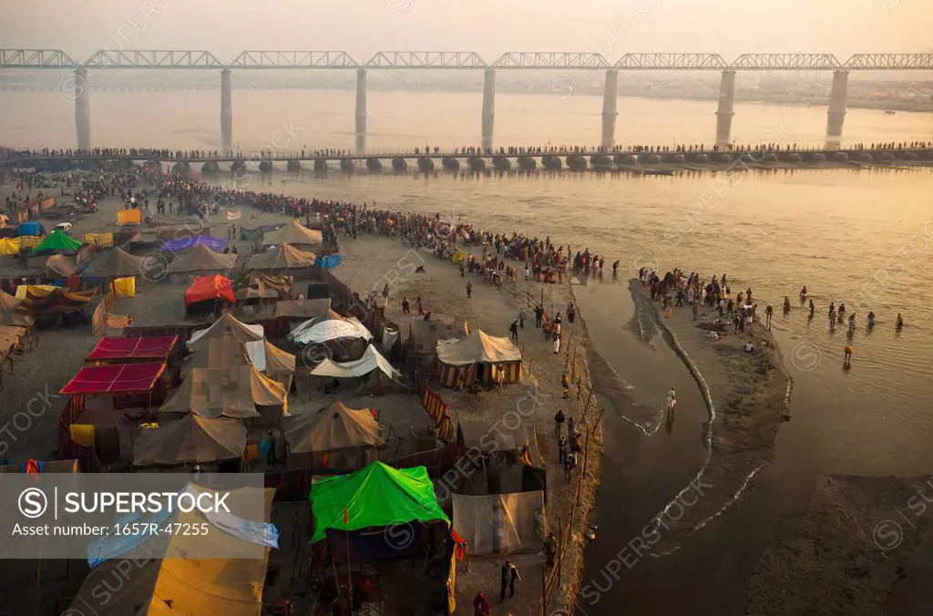 Aerial view of residential tents on the bank of Ganges river at Maha Kumbh, Allahabad, Uttar Pradesh, India