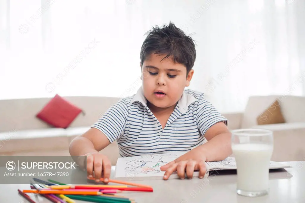 Boy coloring a picture book