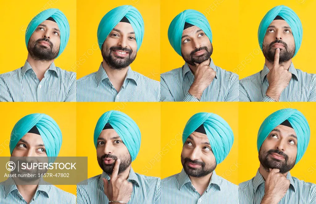 Multiple images of a Sikh man with various facial expression