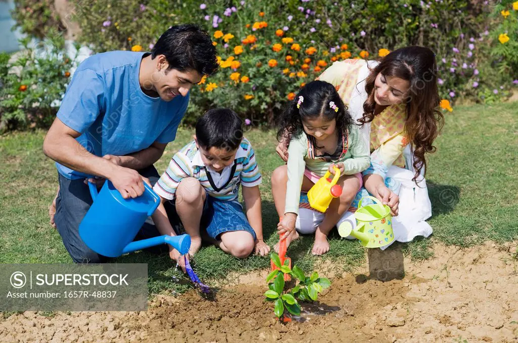Family planting in a lawn, Gurgaon, Haryana, India