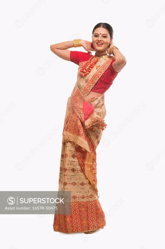 Portrait of a woman dancing on Bihu festival