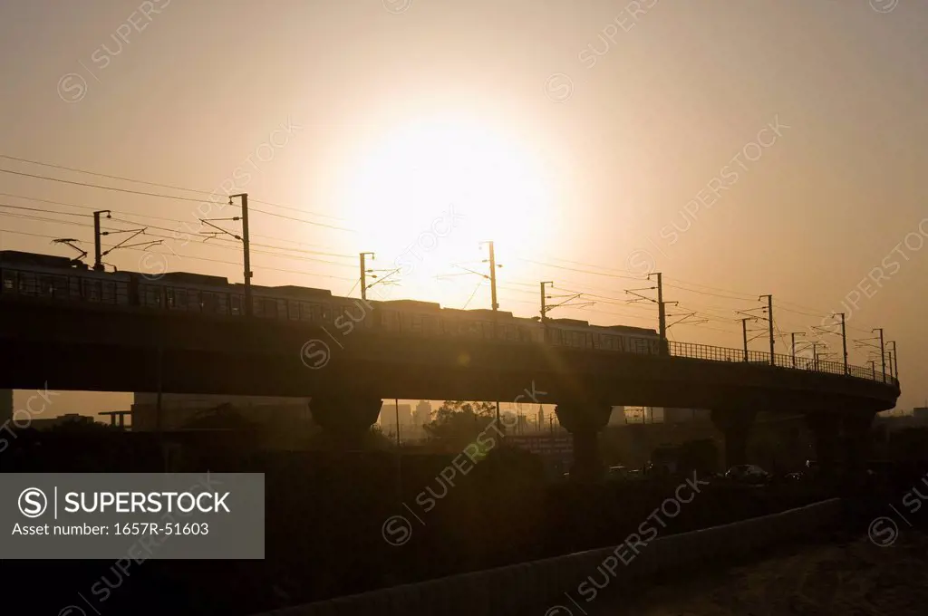 Metro train on elevated tracks at sunset, Delhi, India