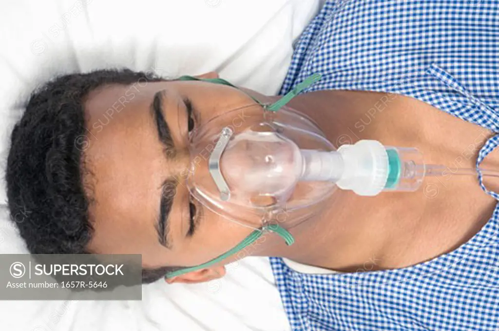 Close-up of a patient wearing an oxygen mask
