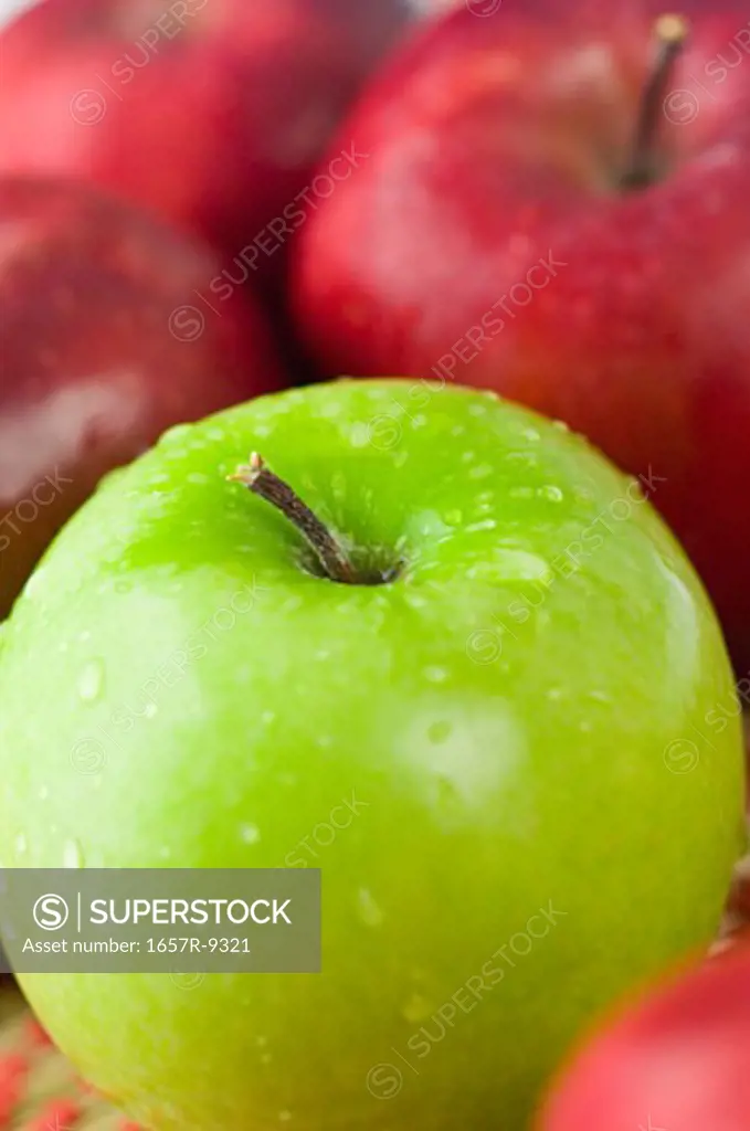 Close-up of a granny smith apple in front of red apples