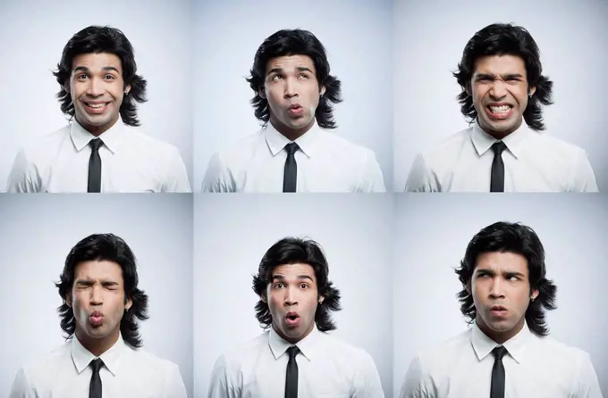 Multiple images of a businessman making funny faces