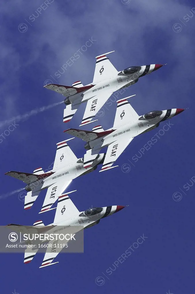 Low angle view of four US fighter planes