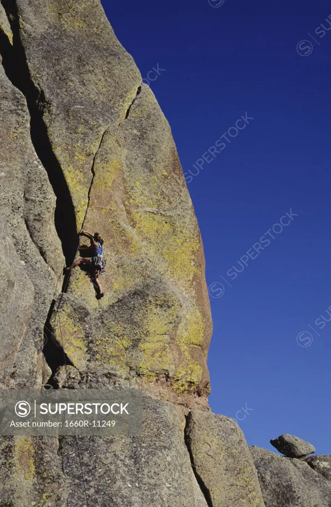 Rear view of a woman rock climbing