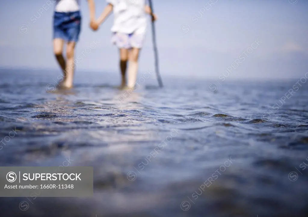 Low section view of two girls wading in water