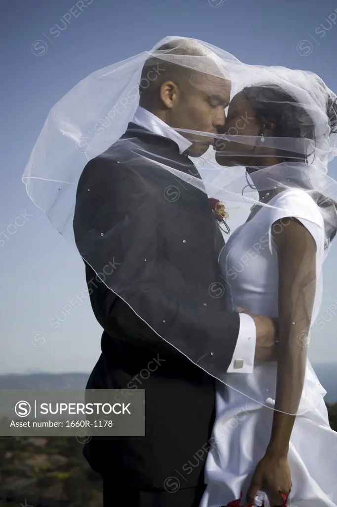 Profile of a newlywed couple kissing each other under a veil