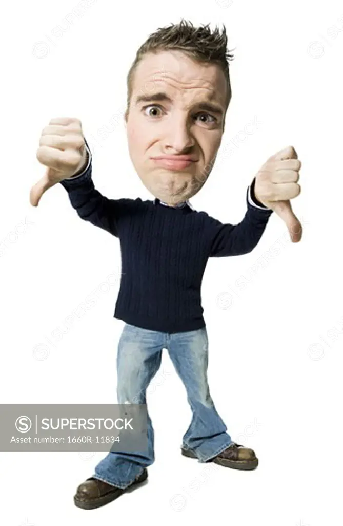 Portrait of a young man showing a thumbs down sign