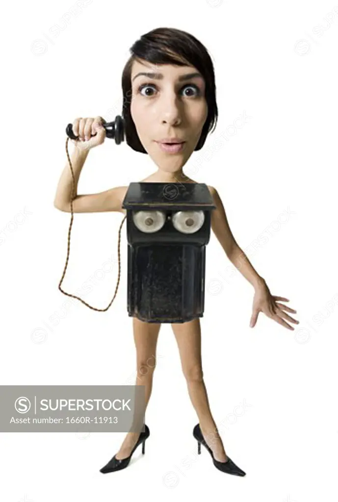 Caricature of a young woman as an old telephone