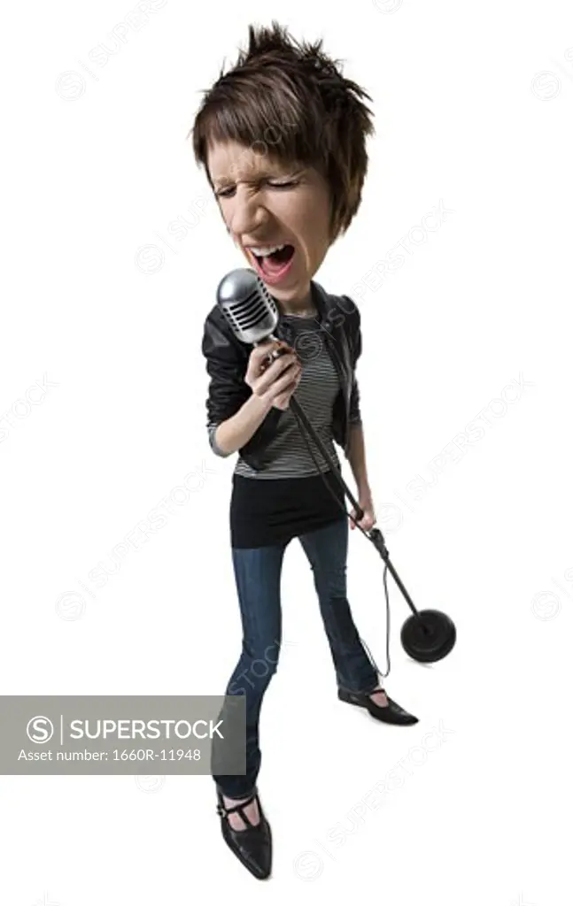 A caricature of a young woman singing into a microphone