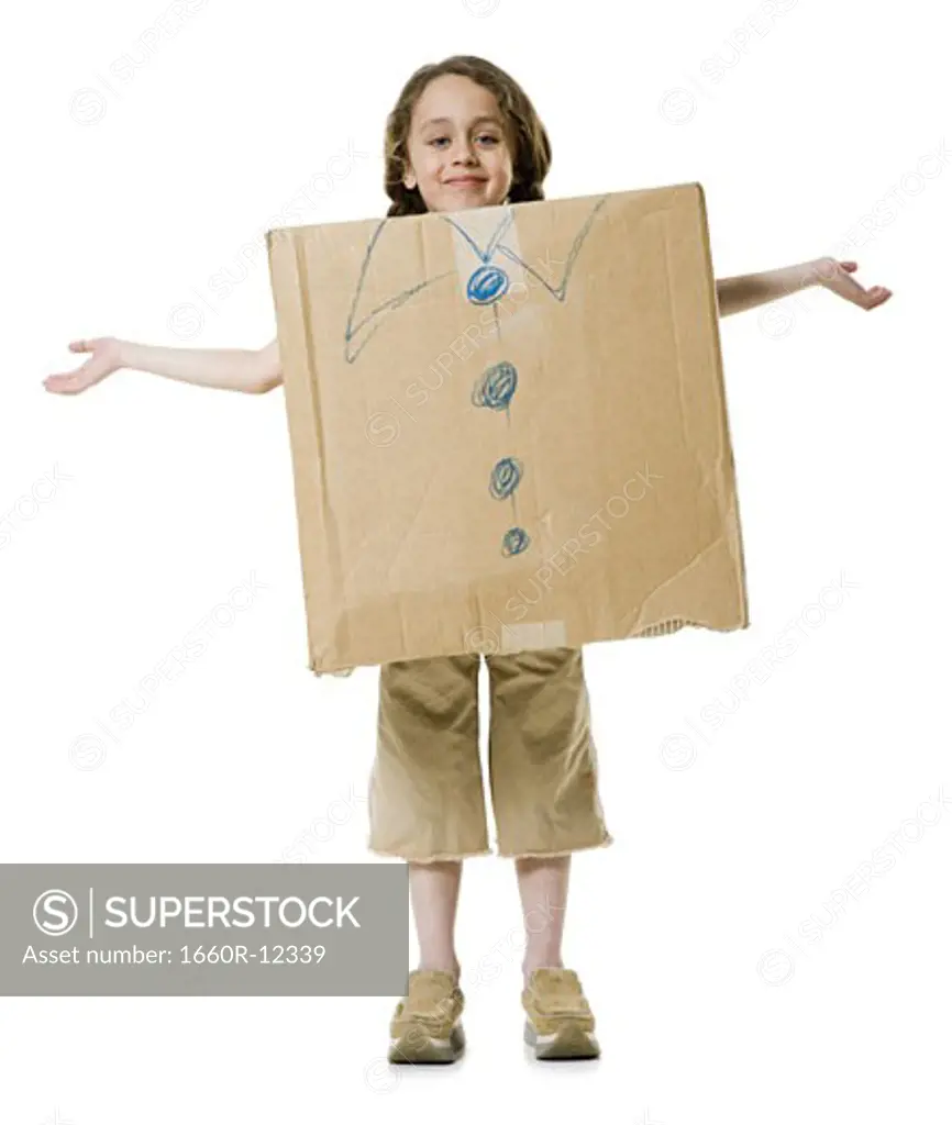 Portrait of a girl wearing a cardboard box