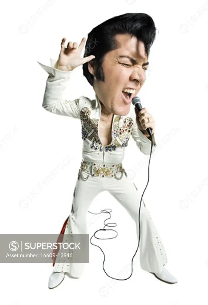 Caricature of an Elvis impersonator singing into a microphone