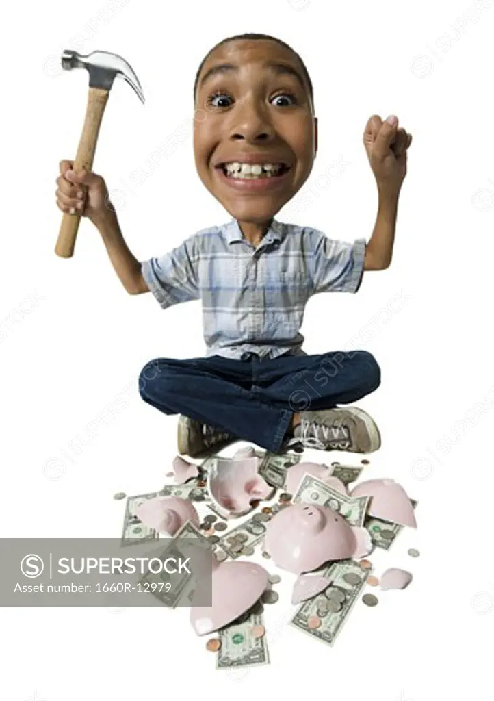 Caricature of a boy holding a hammer with a broken piggy bank in front of him
