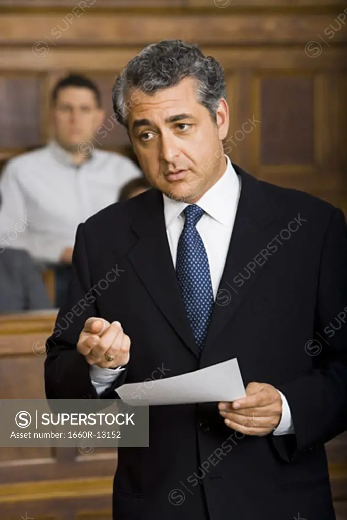 Close-up of a male lawyer talking in a courtroom