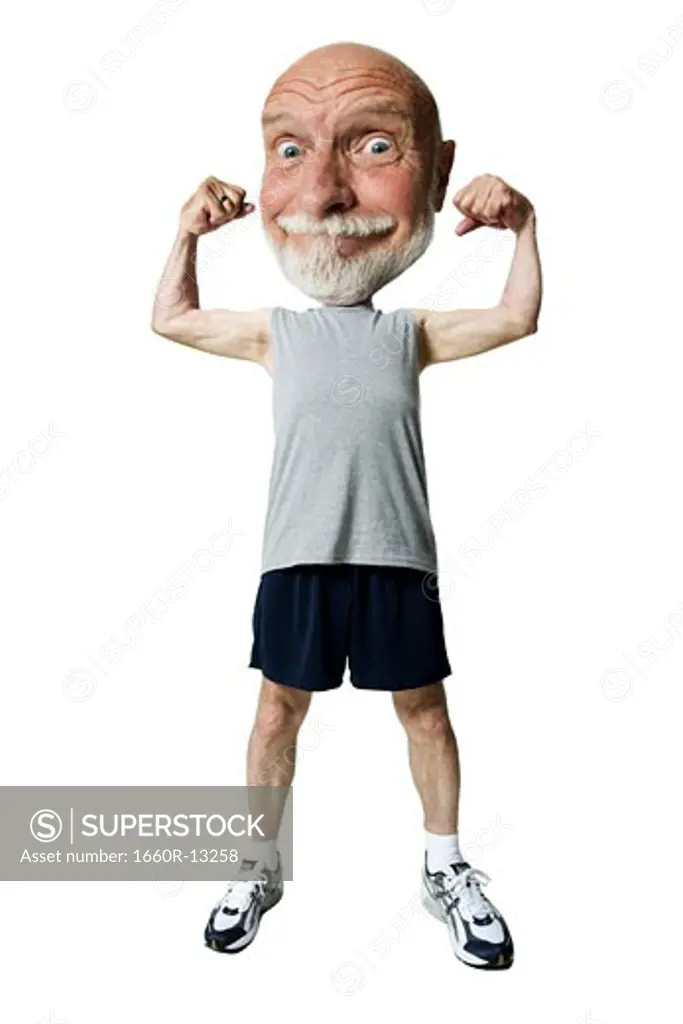 Caricature of a senior man flexing his muscles