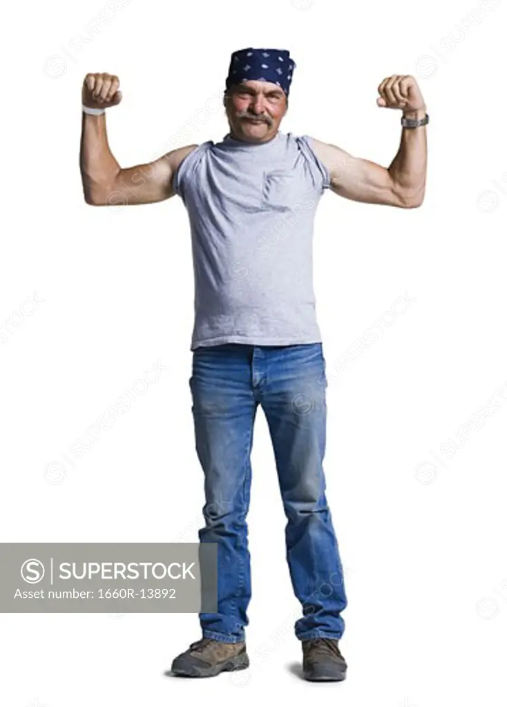 Disheveled middle aged man flexing arms