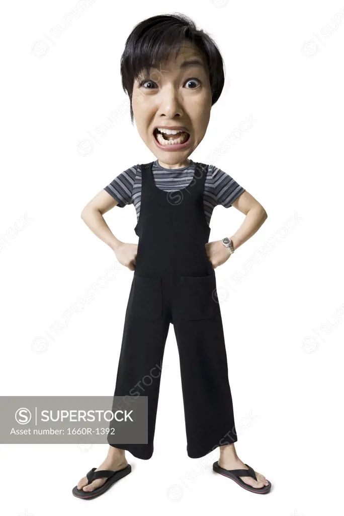 Caricature of a mid adult woman standing and shouting