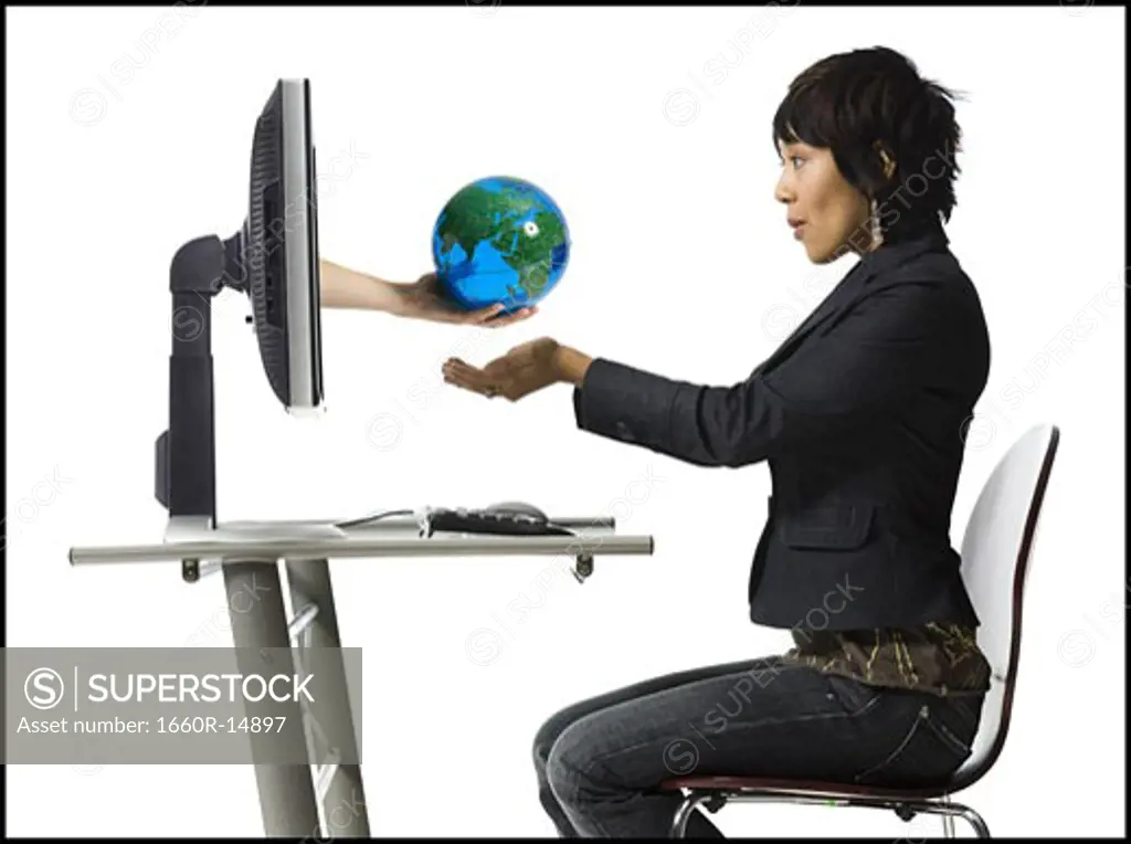 Woman receiving an earth globe online