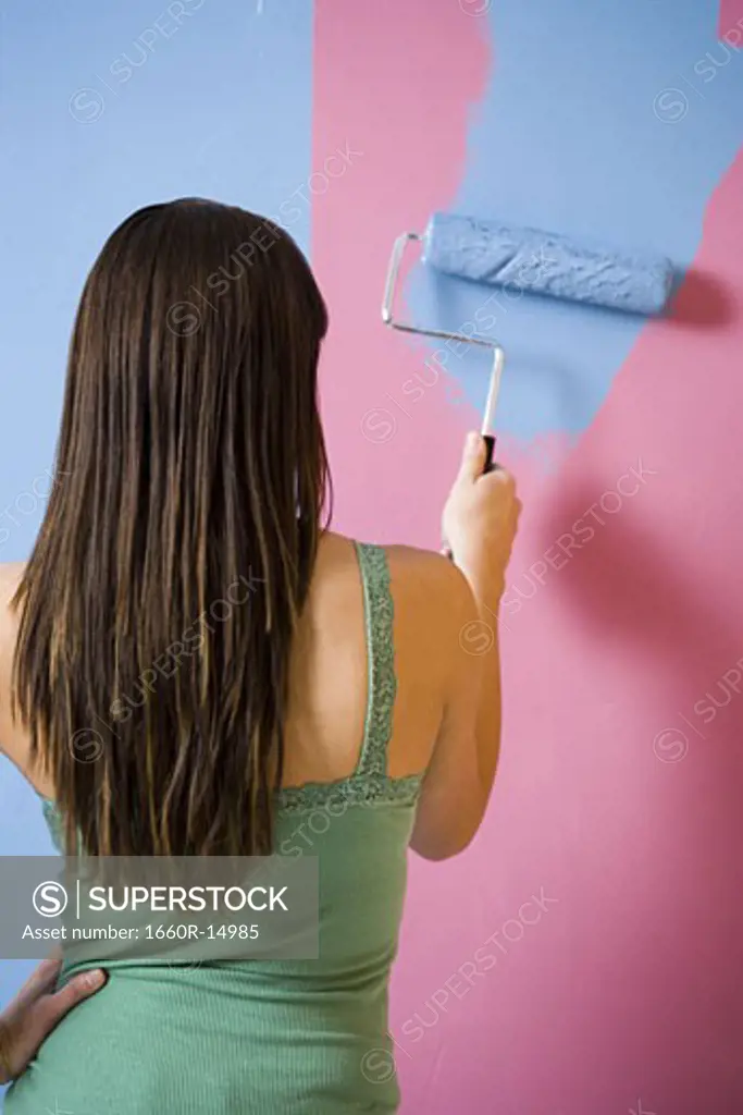 Rear view of woman painting wall with a paint roller