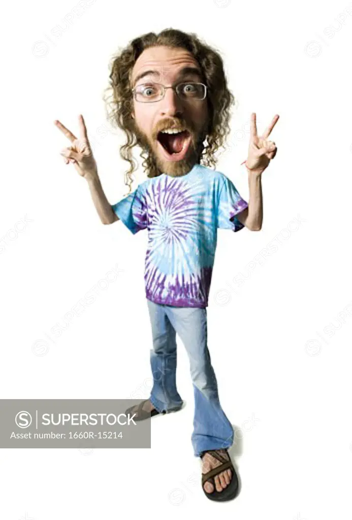 Man with long hair and beard making peace gesture