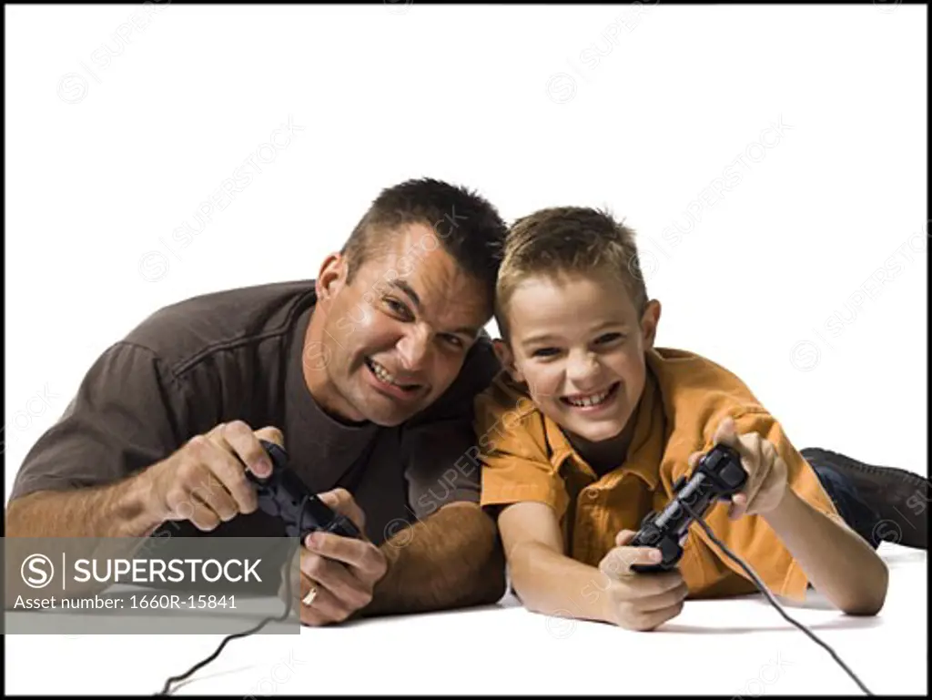 Father and son playing a video game