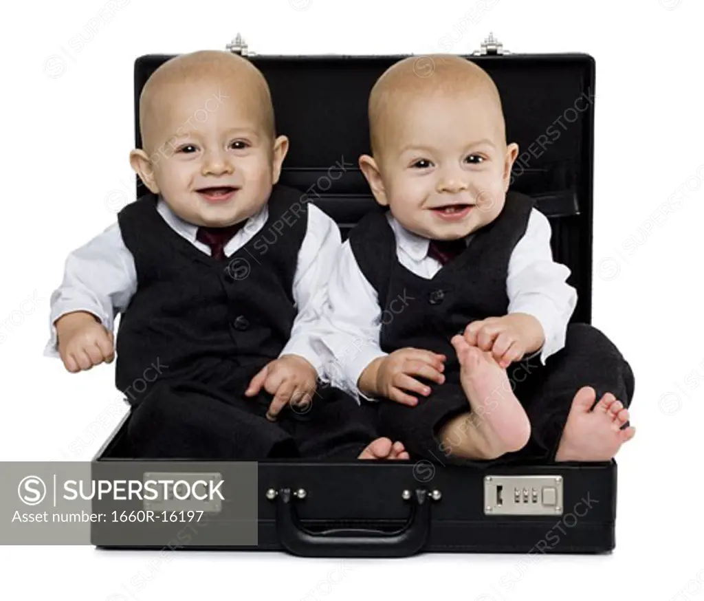 Twin baby boys in briefcase with suits