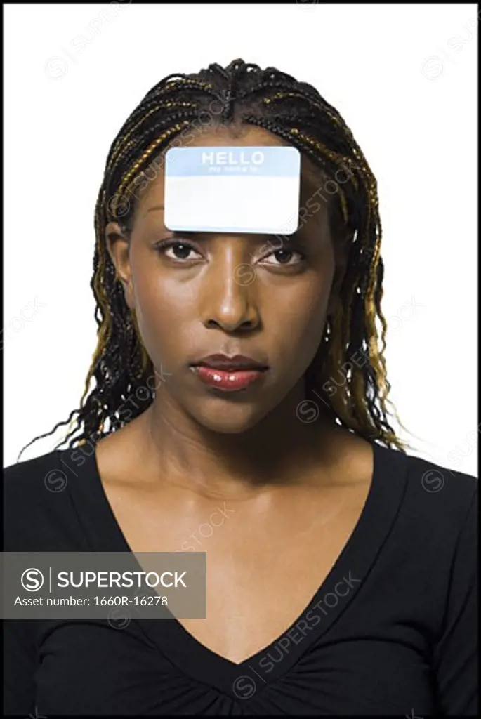 Woman with name tag on forehead