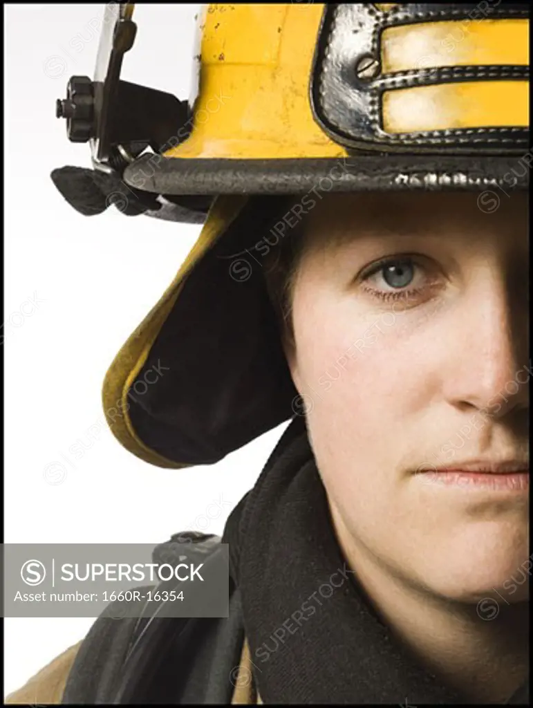 Portrait of a female firefighter close up