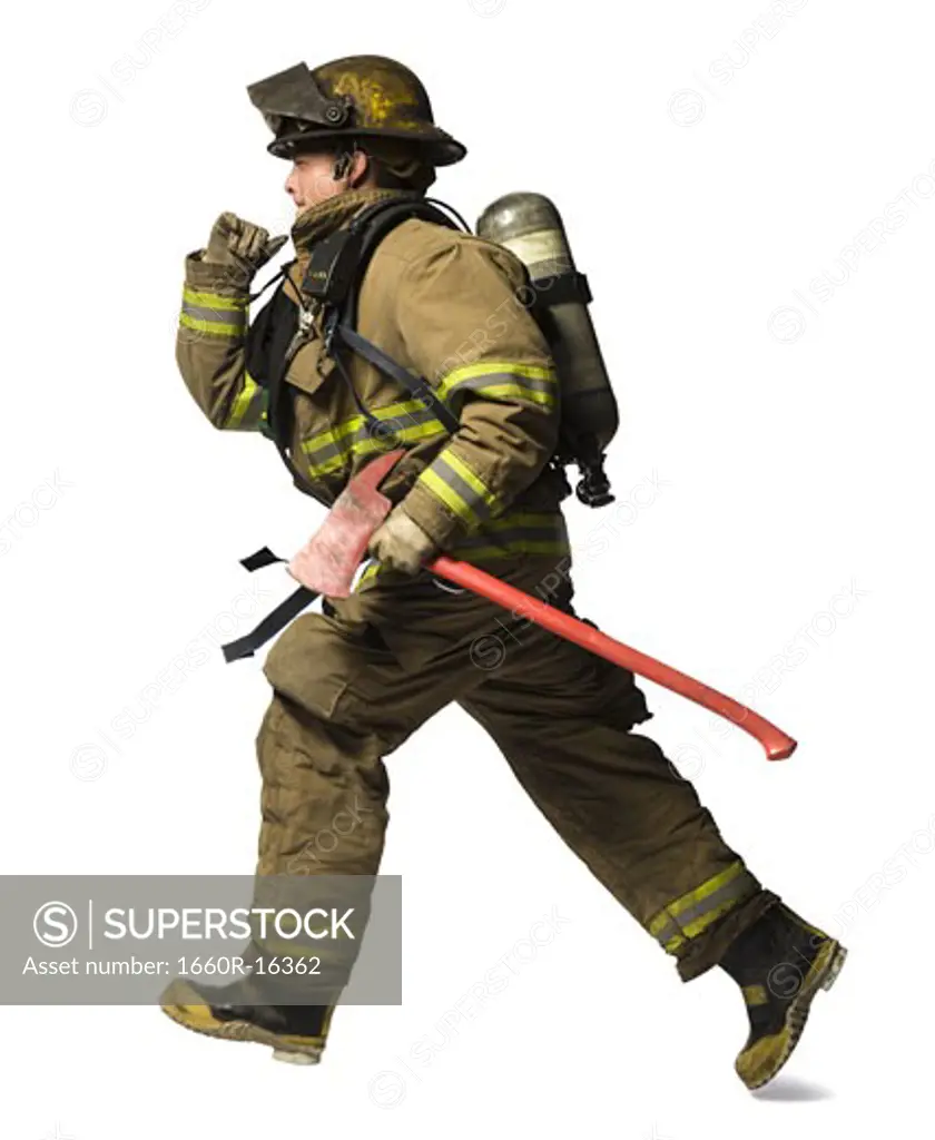 Firefighter running with axe