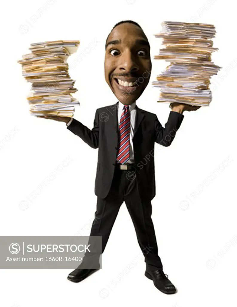 Caricature of businessman with stacks of paperwork