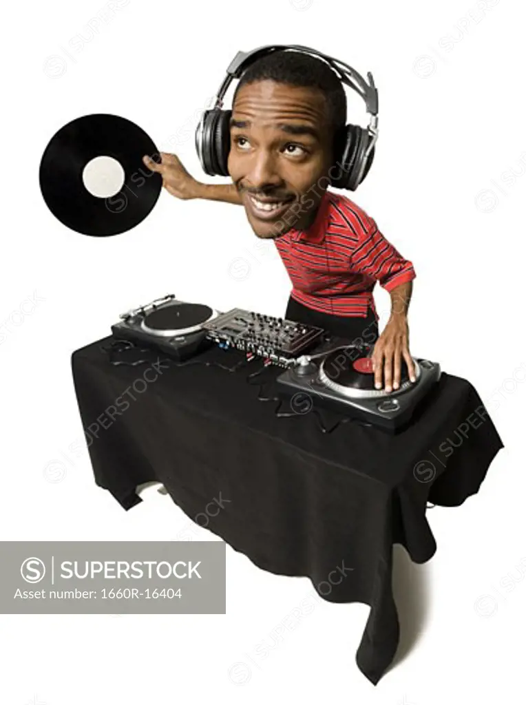Caricature of DJ with headphones and records looking up