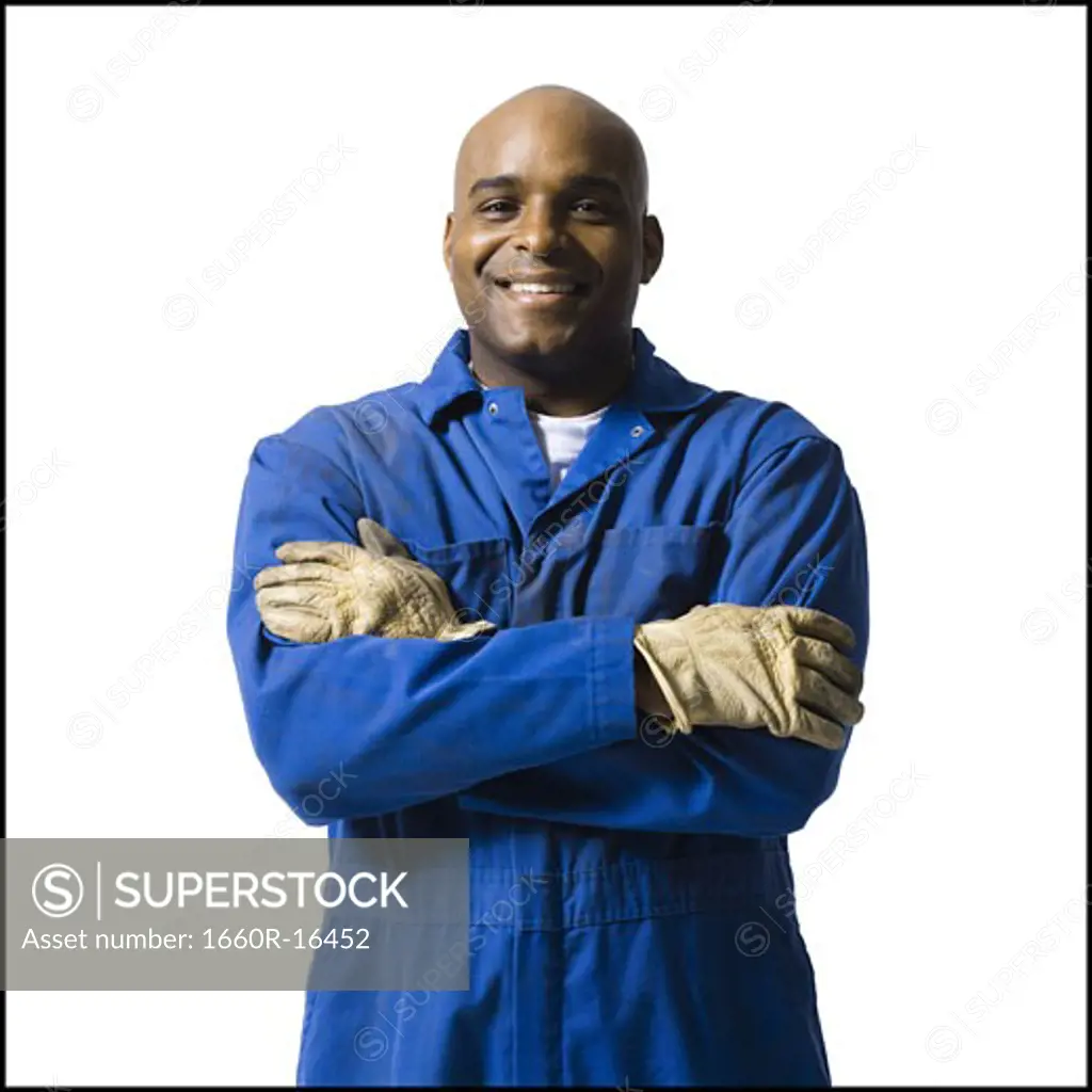 Blue collar worker with gloves