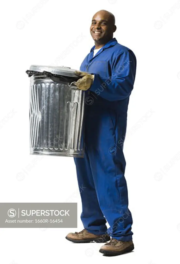 Garbage man with trash cans