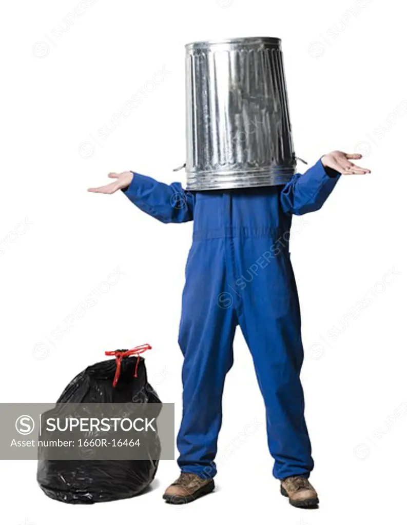 Garbage man with trash can on head
