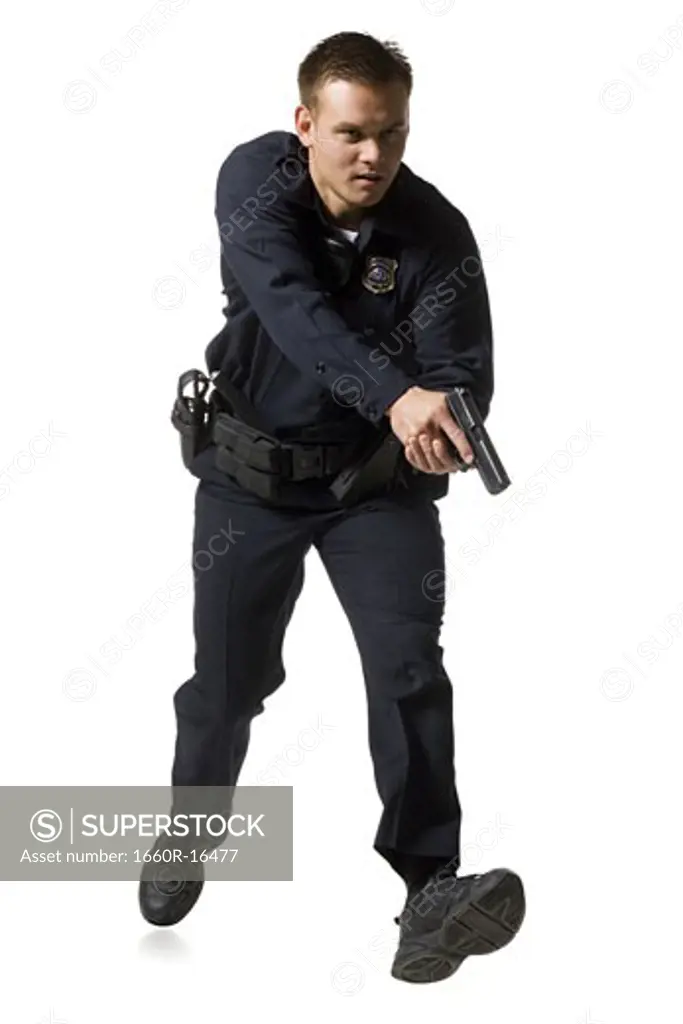 Male police officer pointing gun