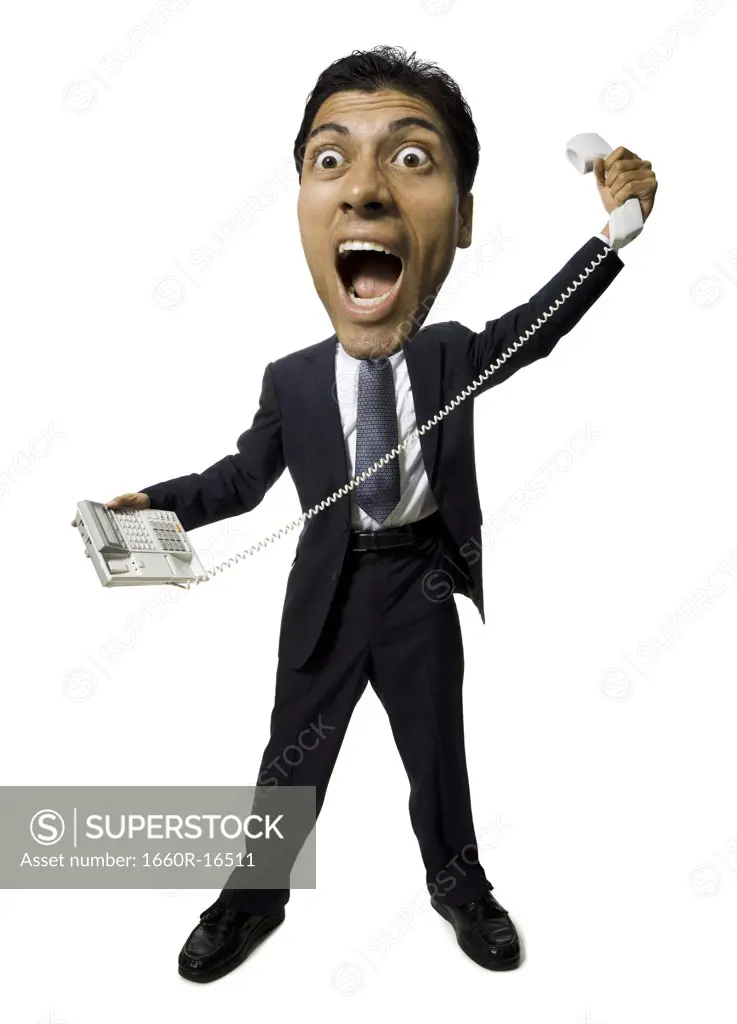 Caricature of man with telephone yelling