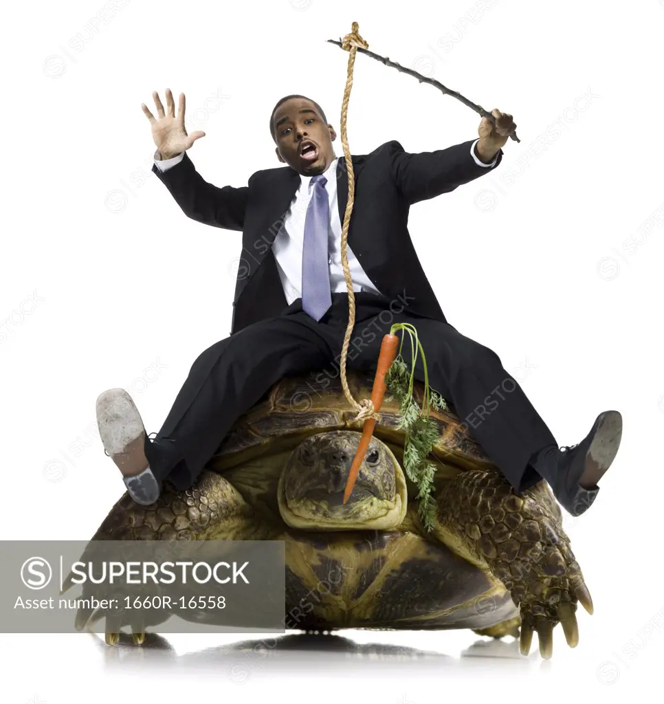 Businessman riding sea turtle with carrot on stick