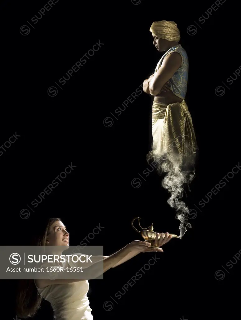 Woman with magic lantern and genie