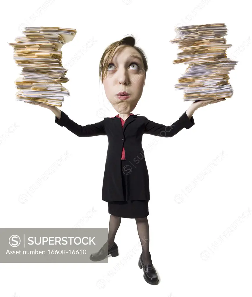 Caricature of a woman holding stacks of paperwork