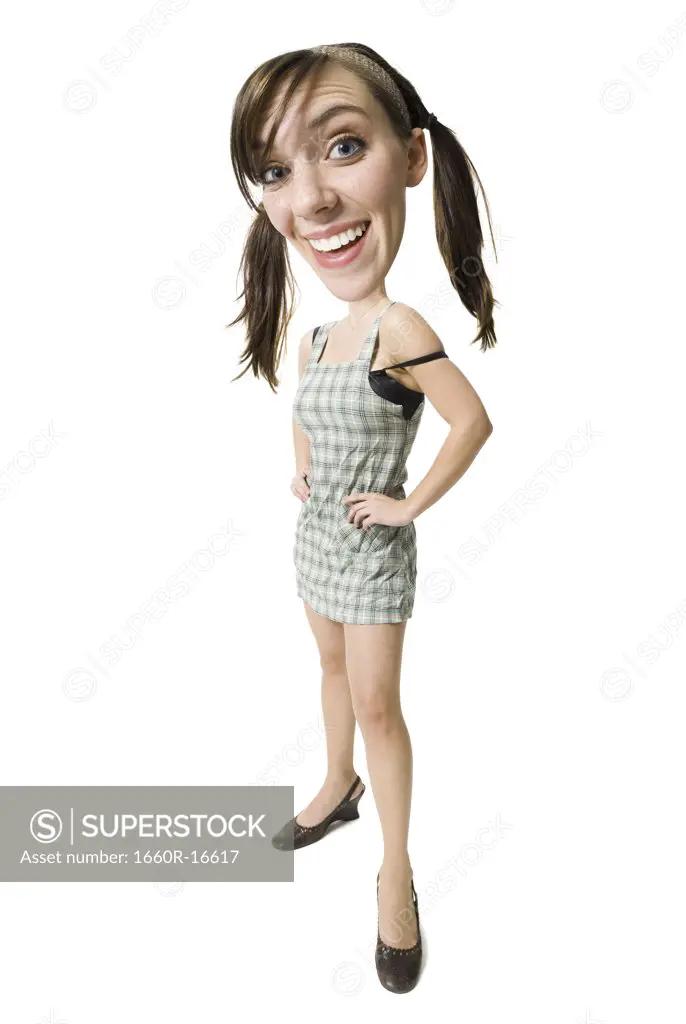 Caricature of woman with pigtails smiling